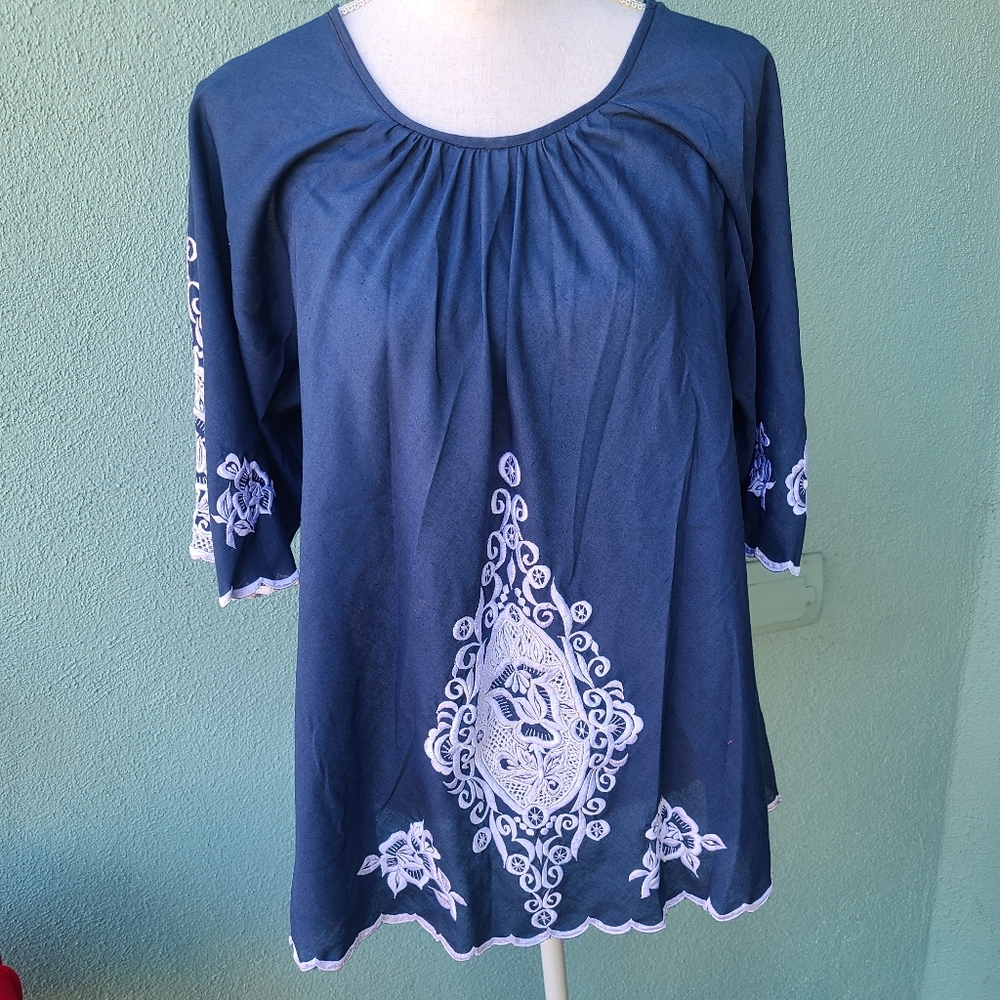 1960s Navy Blue Bohemian vintage blouse